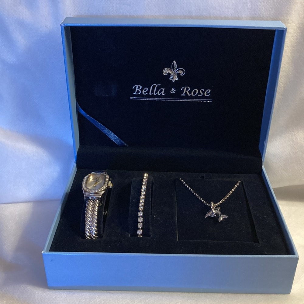 NWOT - New Bella & Rose 3-Piece Watch/Dolphin Necklace/Tennis Bracelet Set